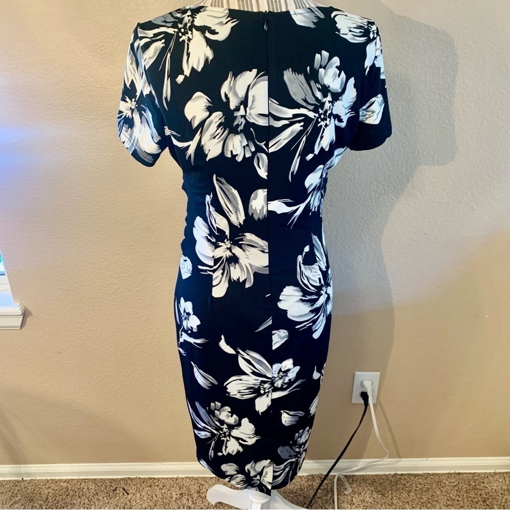 NWT VfEmage Dress Med Black White Floral Short Sleeve Black Bow at Waist Midi - Picture 8 of 16
